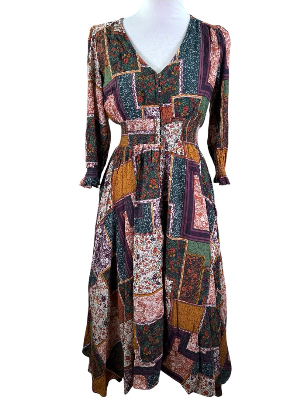 Olivaceous Patchwork Floral Smocked Waist Midi Maxi Dress Women’s L Boho Fall